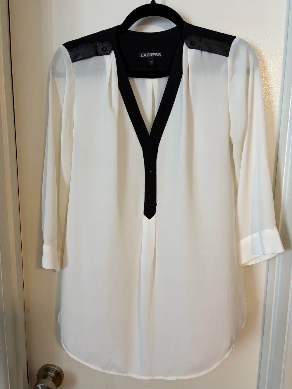 Express White Blouse with Black Trim & Epaulets
